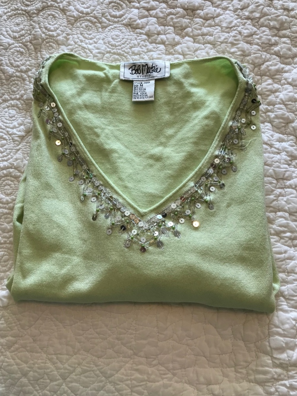 Bob Mackie light lime green long sleeve beaded / sequined v-neck top (M)